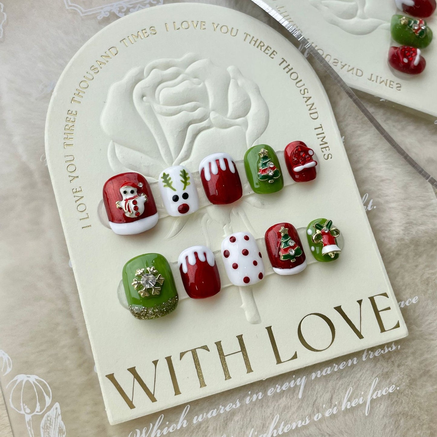 Green and Red Christmas Press‑On Nails – Reindeer & Tree Design