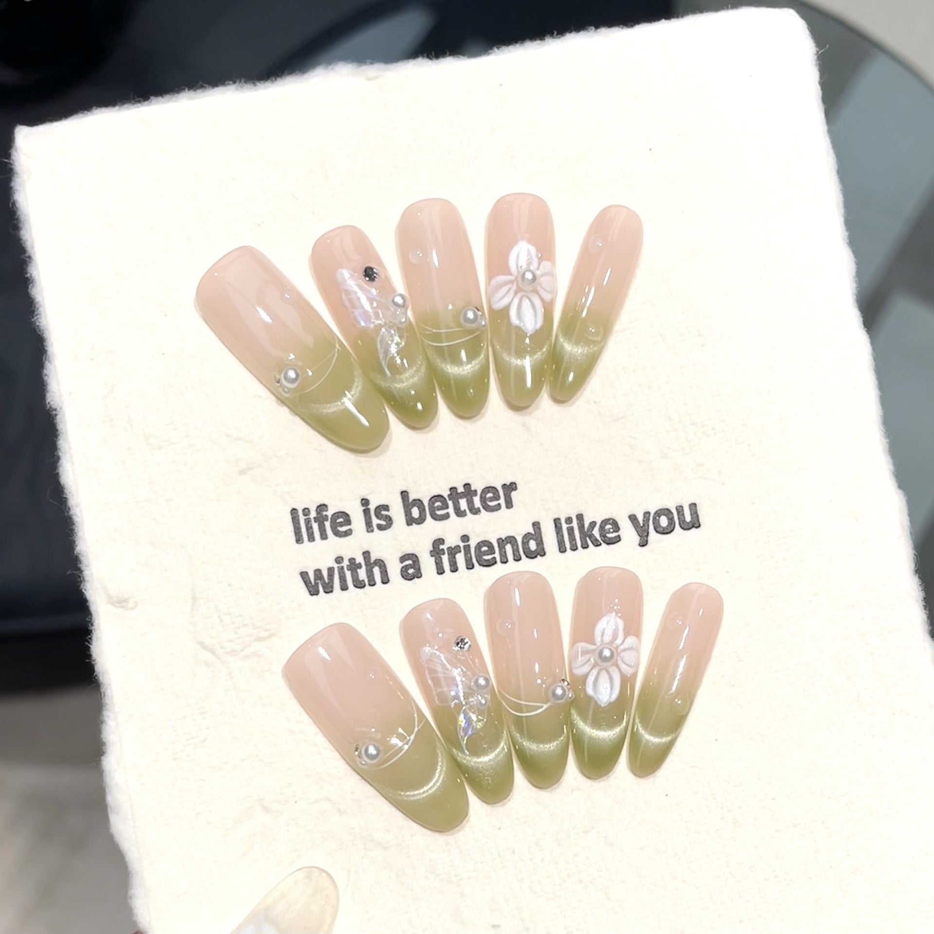 365nails: "Verdant Bloom" – 3D Floral Handmade Short Square Nails