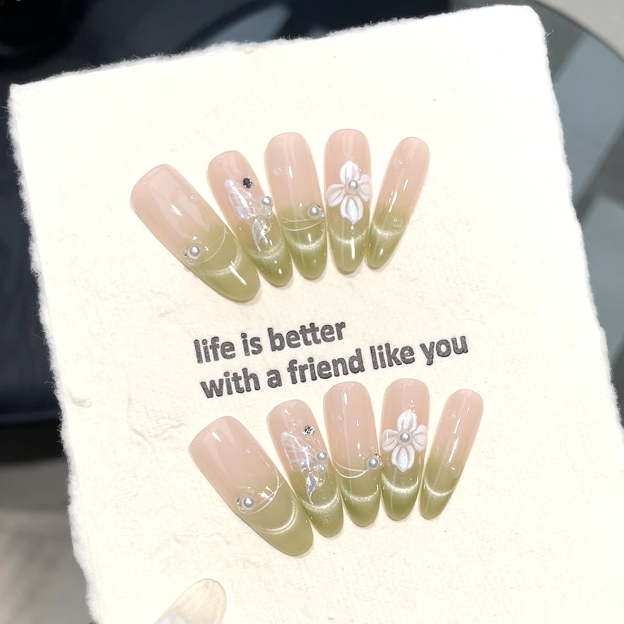 365nails: "Verdant Bloom" – 3D Floral Handmade Short Square Nails