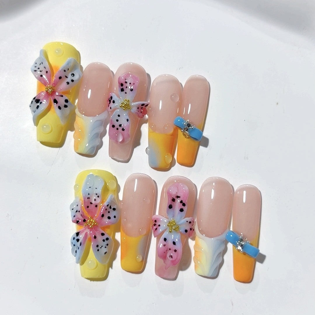 Tropical Bloom: "Stargazer Lily Splash" – Long Almond Press-On Nails
