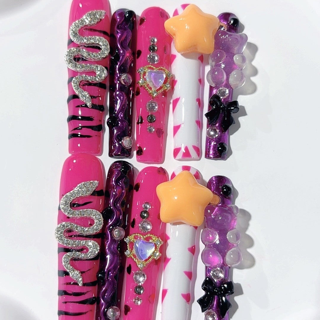 Neon Star Snake Crystal Bold Press On Nails