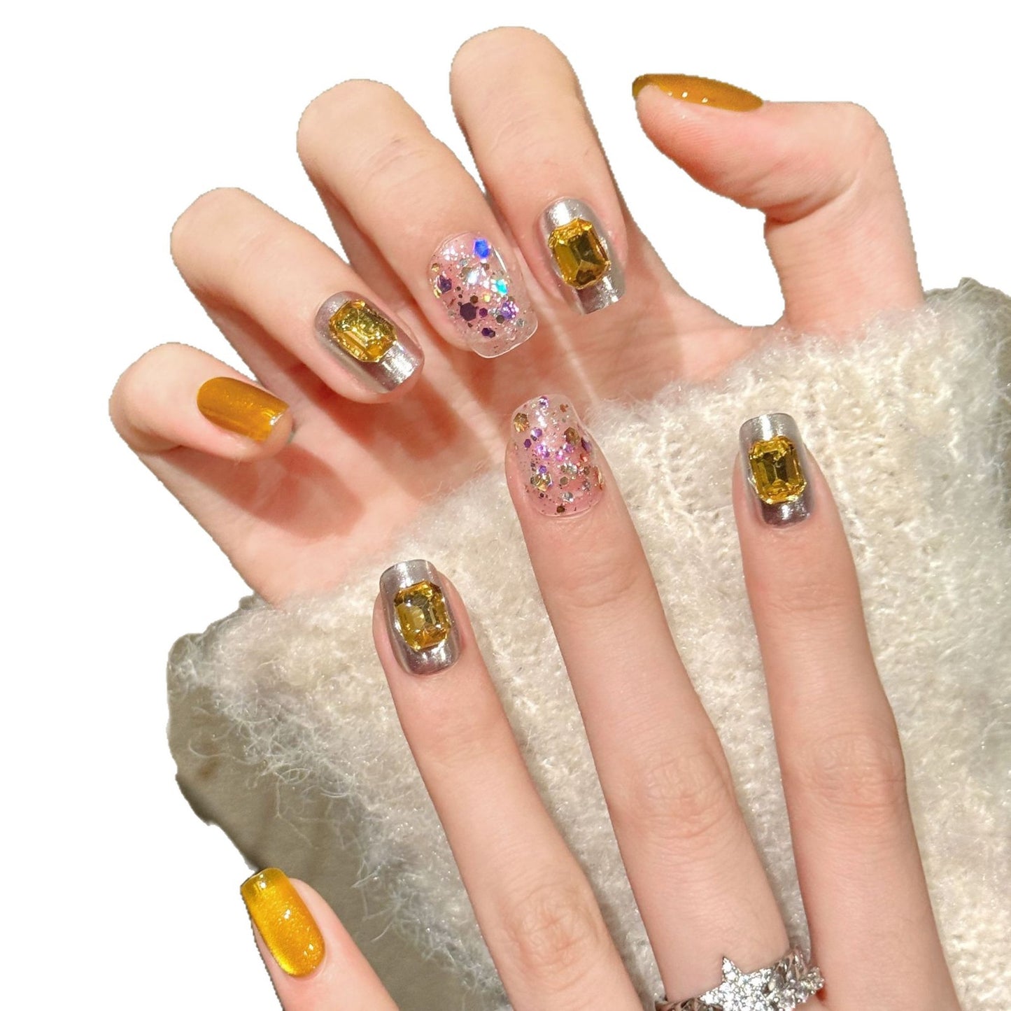 Yellow Crystal Glitter Silver Fresh Bright Press On Nails
