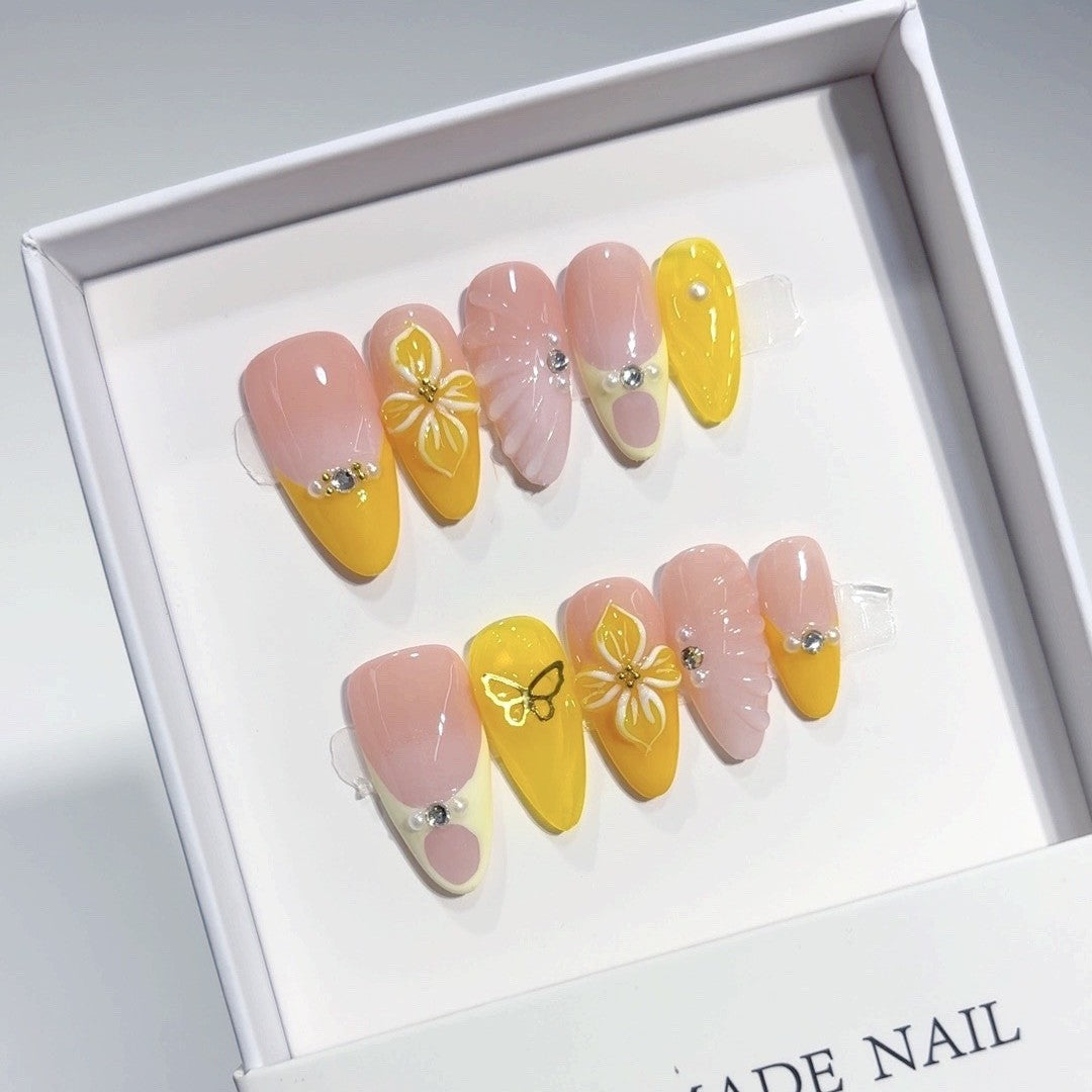 Spring Bloom Series: "Butterfly Lemonade" – Almond Handmade Press-on Nails