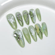 Green Shimmer Nails with 3D Butterfly Crystal Accents