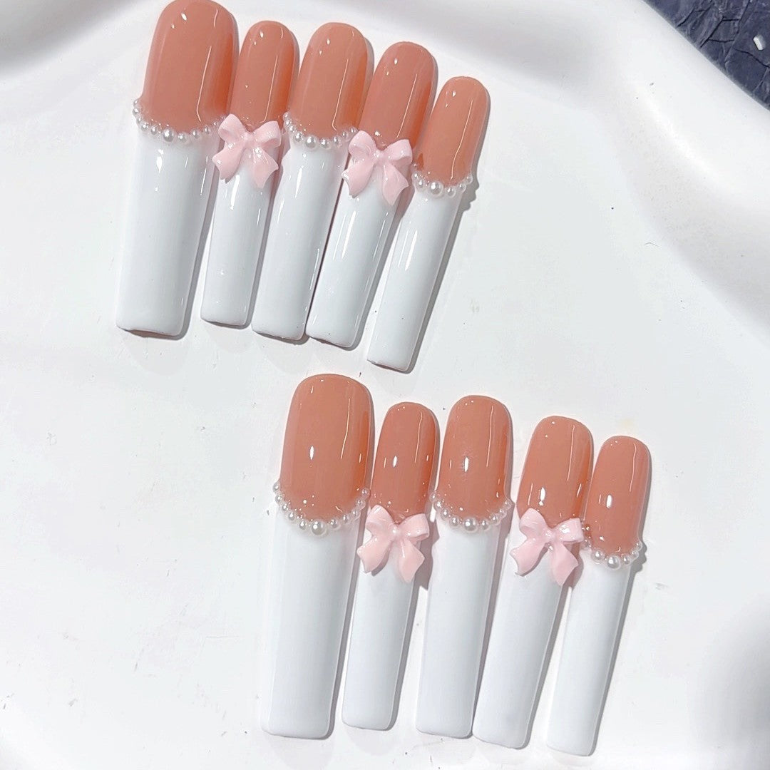 프렌치 리본 진주 엑스트라 롱 프레스온 네일