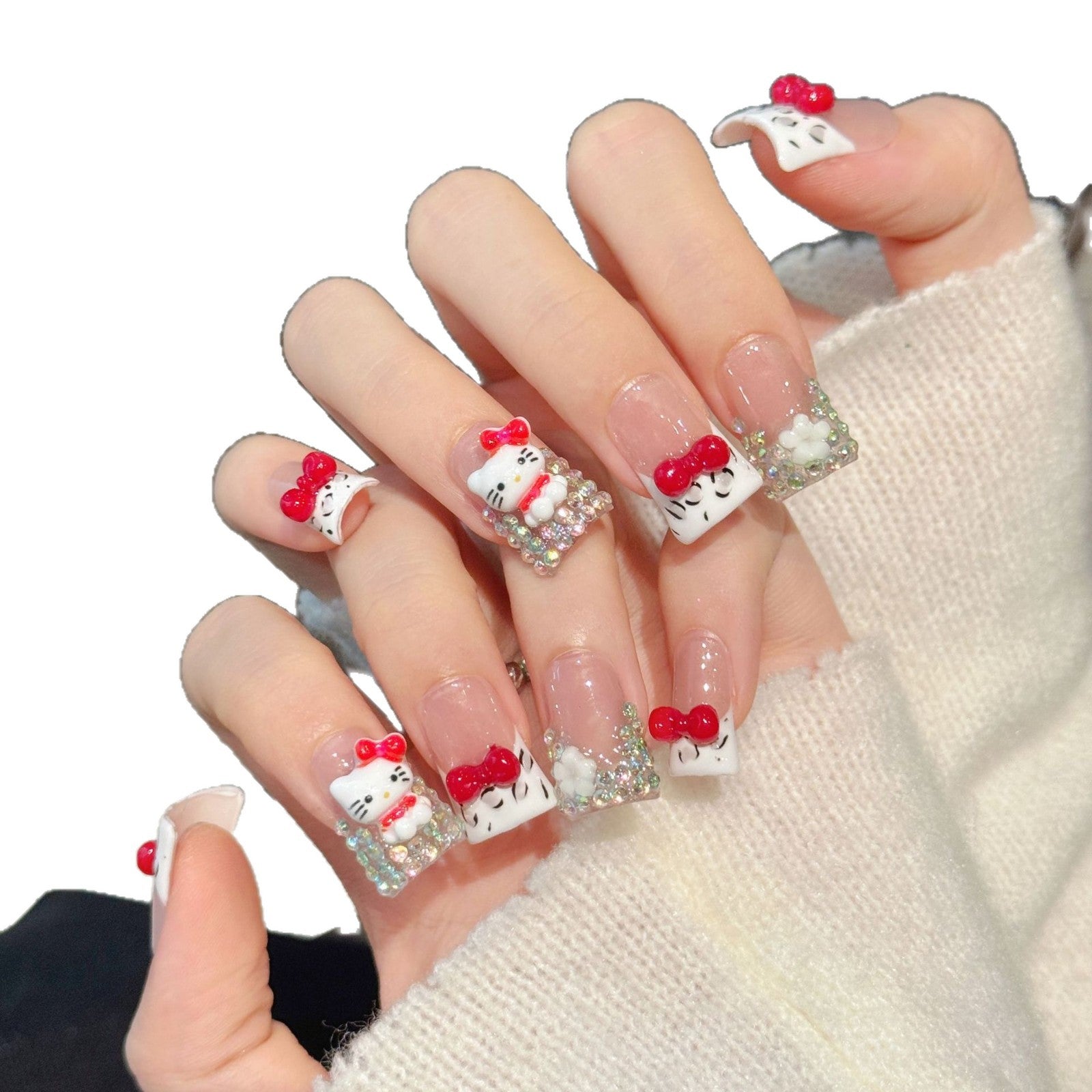 Kawaii Hello Kitty Red Bow Leopard Print Square Press-On Nails