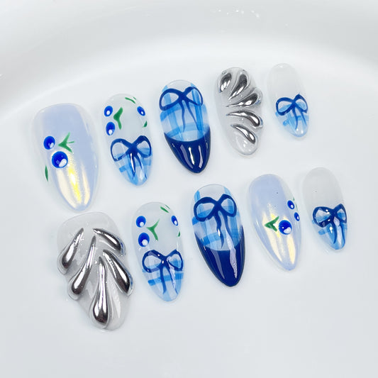 Handmade Press-on Nails Blue Hand-painted Cherry   Summer Ice Through Wear Fake Nails Wholesale｜365nails