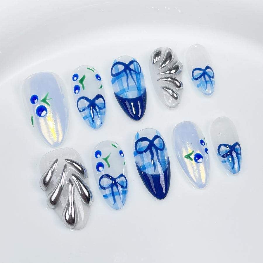 Uñas postizas hechas a mano, color azul cereza, pintadas a mano, con efecto hielo de verano, para usar a través de uñas postizas, venta al por mayor | 365nails