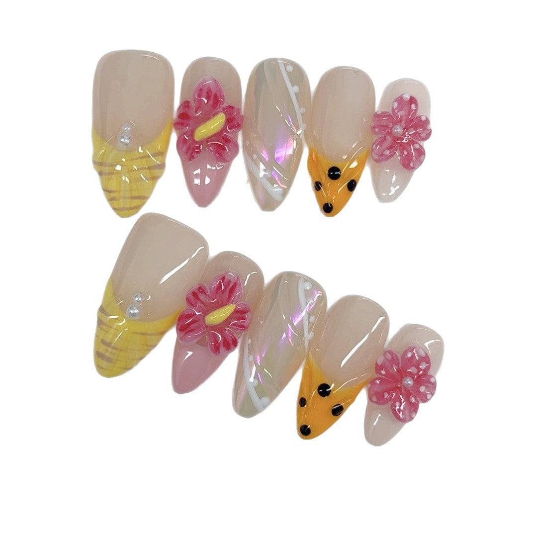 Summer Garden: "Bumblebee Bloom" – Medium Almond Handmade Press On Nails