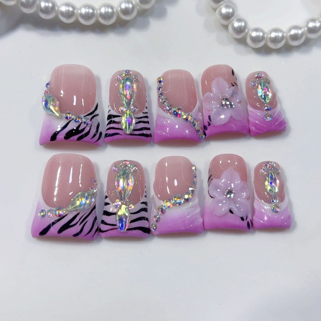 365nails: "紫色斑馬魅" – 短款 方形 粉紫漸層 斑馬紋 手工製 穿戴甲