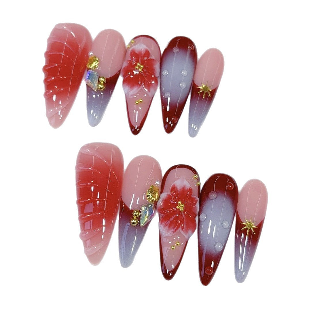 Crimson Bloom: "Red Petal" – Unhas Postiças Longas Amendoadas Feitas à Mão