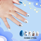 Kids press-on nails Bring your own nail patch, pointed almonds 24 pieces, finished blue kitten cartoon
