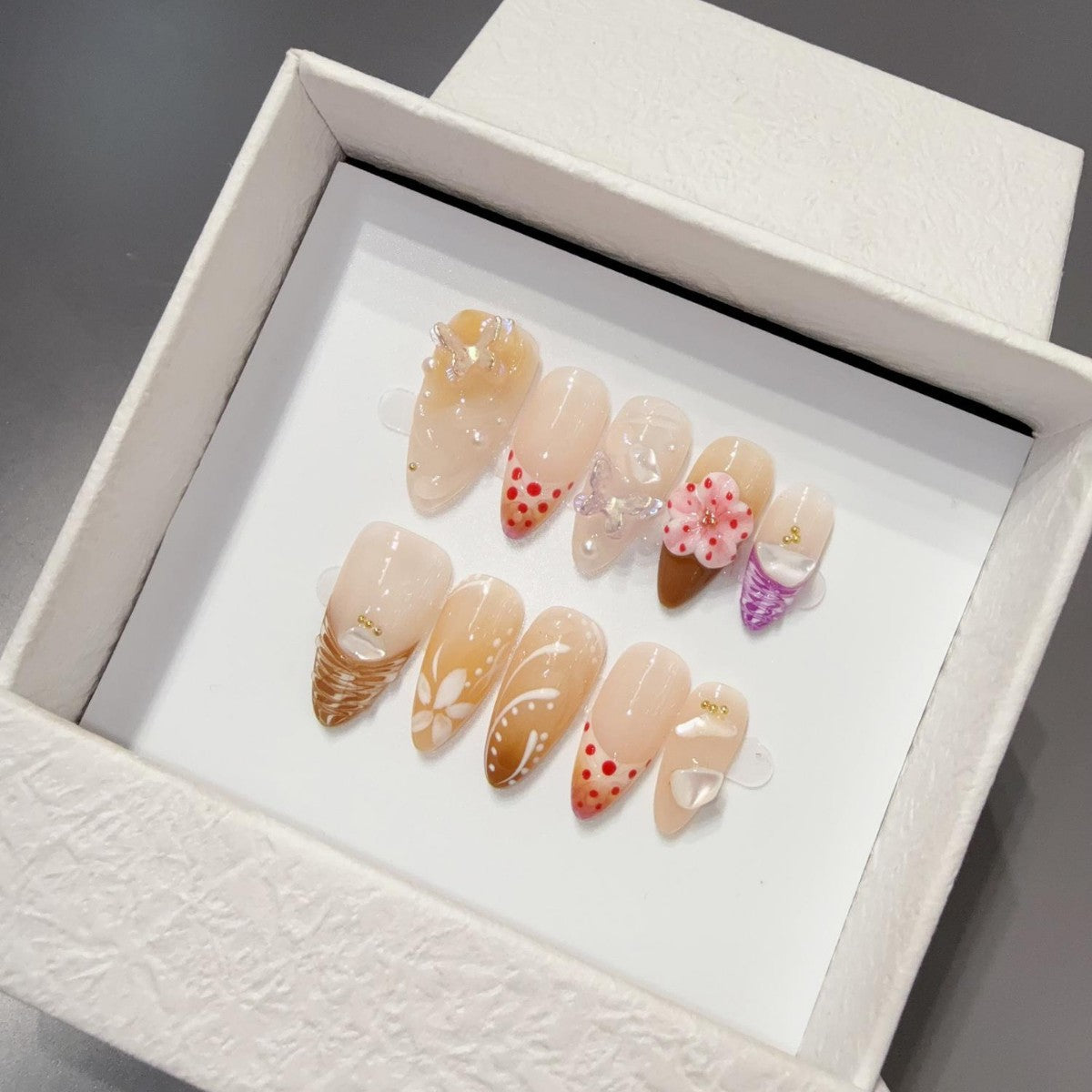 365nails: "Pearlescent Whisper" – 3D Floral Handmade Almond Nails