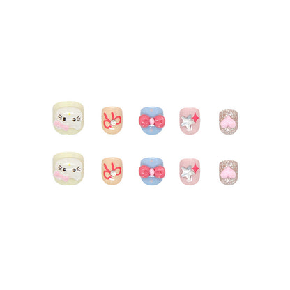 Shining cute children's fun stars love cat bow ins wind fake nails kids nails｜365nails