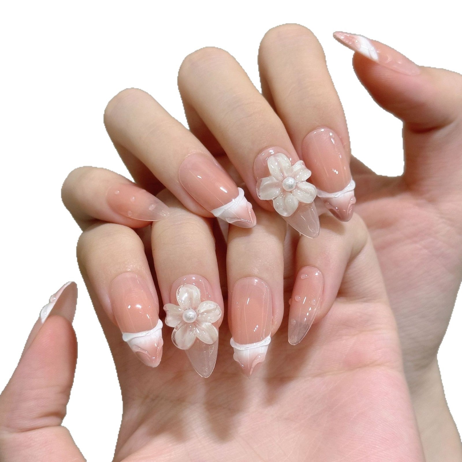 Water Drop Ice Flower Blush Gradient French Ice Sculpture Flower False Nails Wear Nail | 365nails
