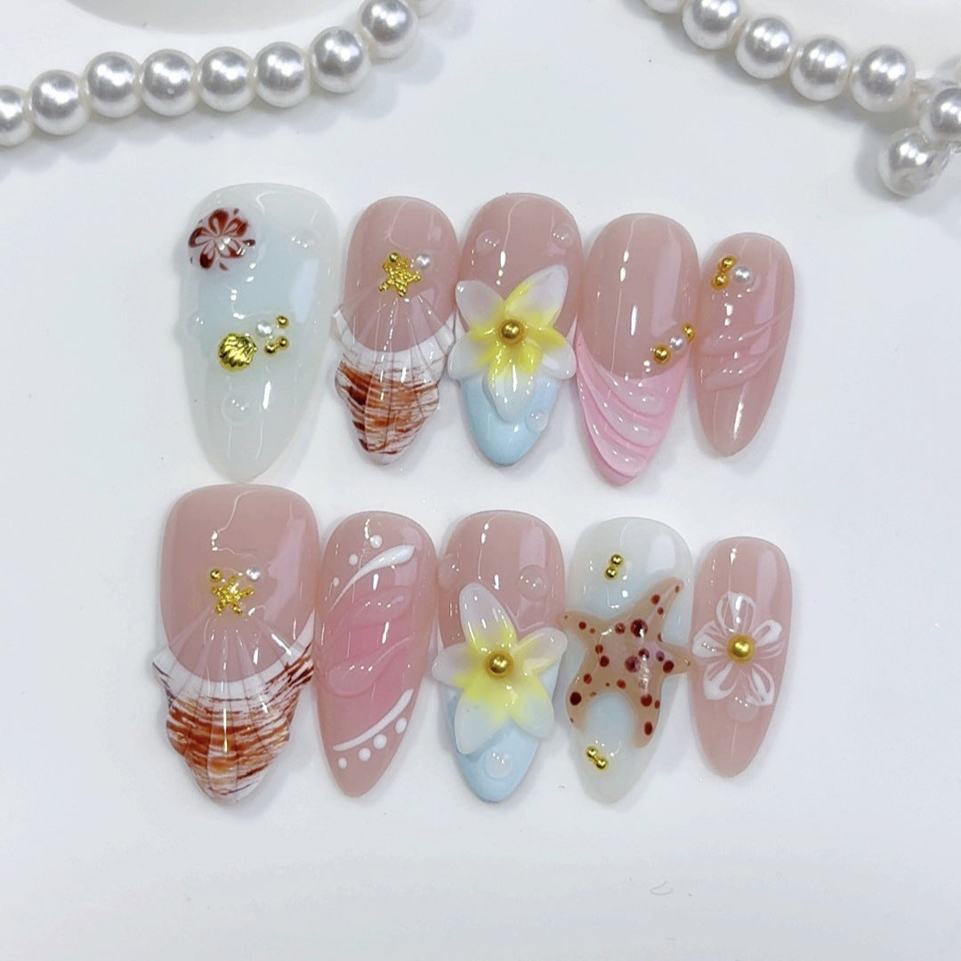 Beach Breeze: "Seashell & Floral" – Almond Press-On Nails