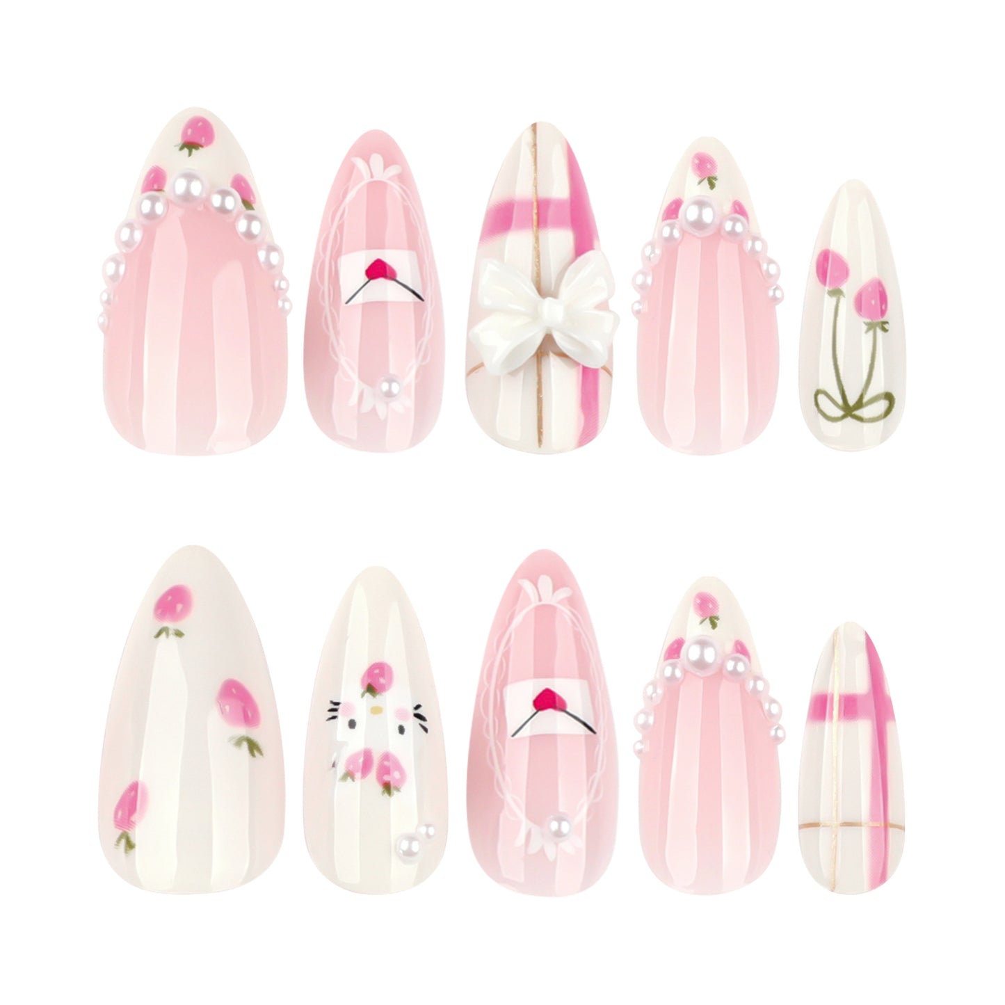 Sweet girl wind press on nails art almond fake nail cute strawberry removable nail finished product wholesale｜365nails