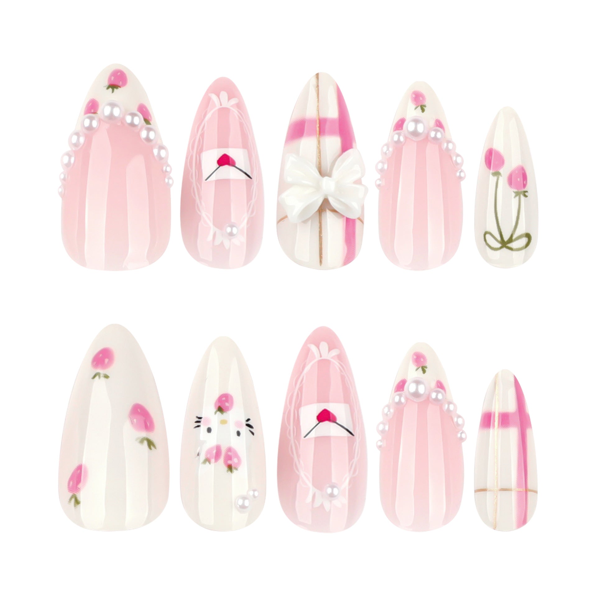 Uñas postizas con diseño de viento para niña, con diseño de almendras, fresas, extraíbles, producto terminado, venta al por mayor | 365nails