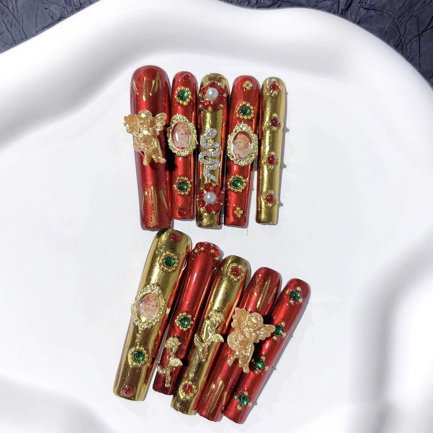 奢華紅金色超長款棺材形穿戴甲