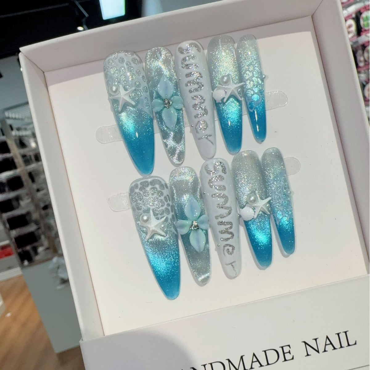 365nails: "Blue Lagoon" – 3D Shell Handmade Stiletto Nails