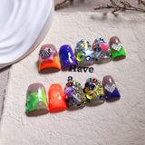 Neon Candy Star Crystal Short Press On Nails