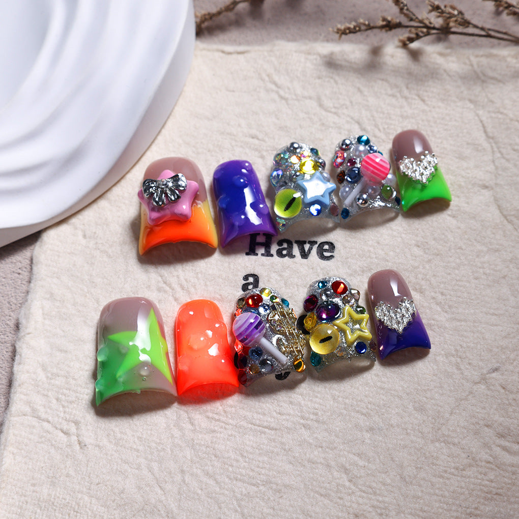 Neon Candy Star Crystal Short Press On Nails
