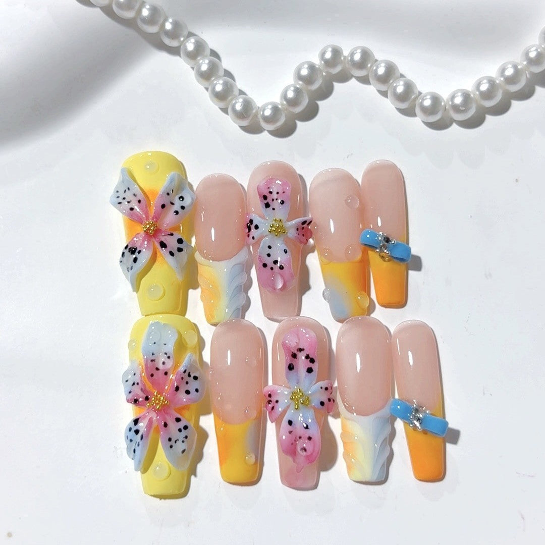 Tropical Bloom: "Stargazer Lily Splash" – Long Almond Press-On Nails