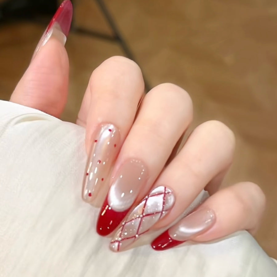365nails: "Red Velvet Romance" – Handcrafted French Tip & Plaid Almond Nails