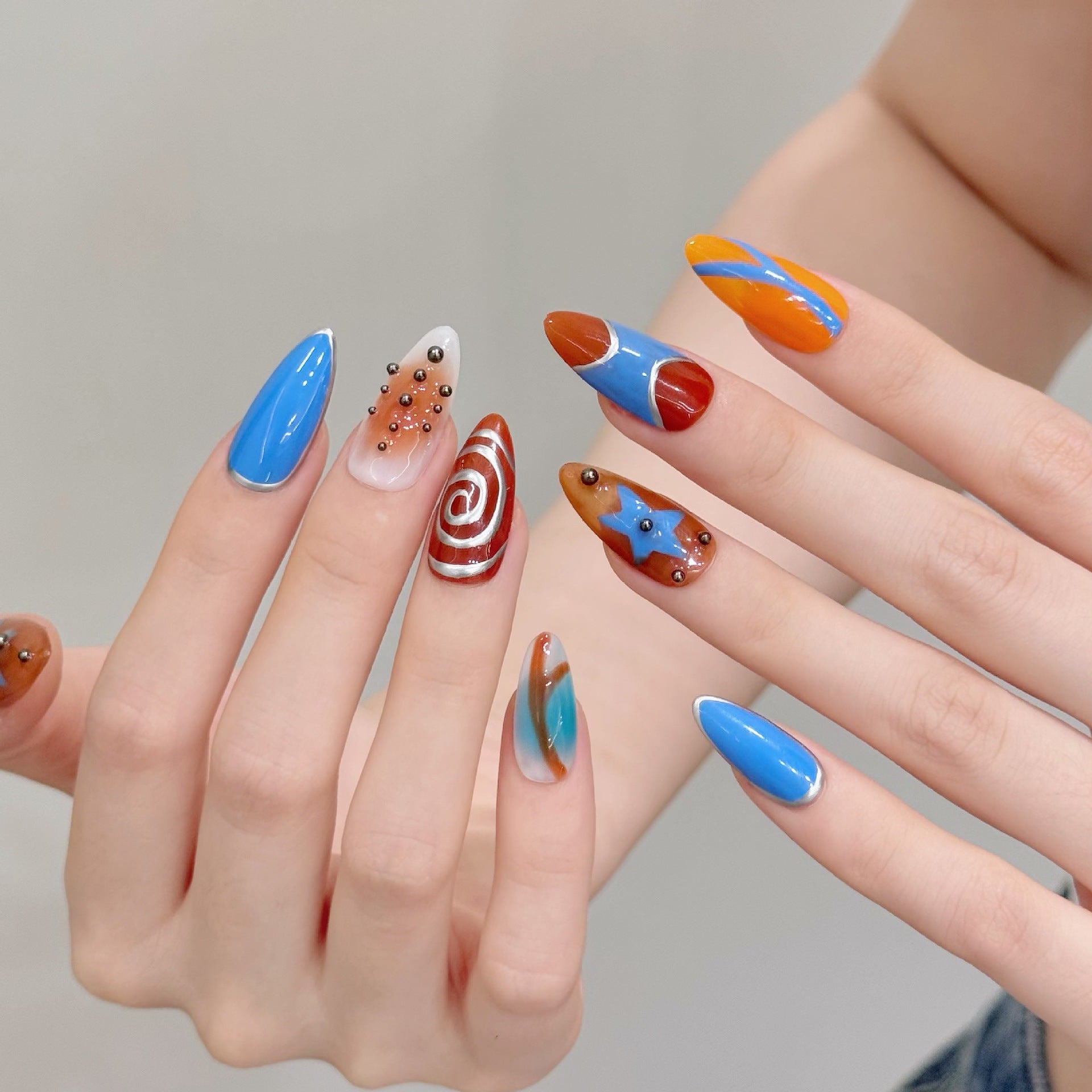 Ocean Orange Blue Retro Artistic Press On Nails