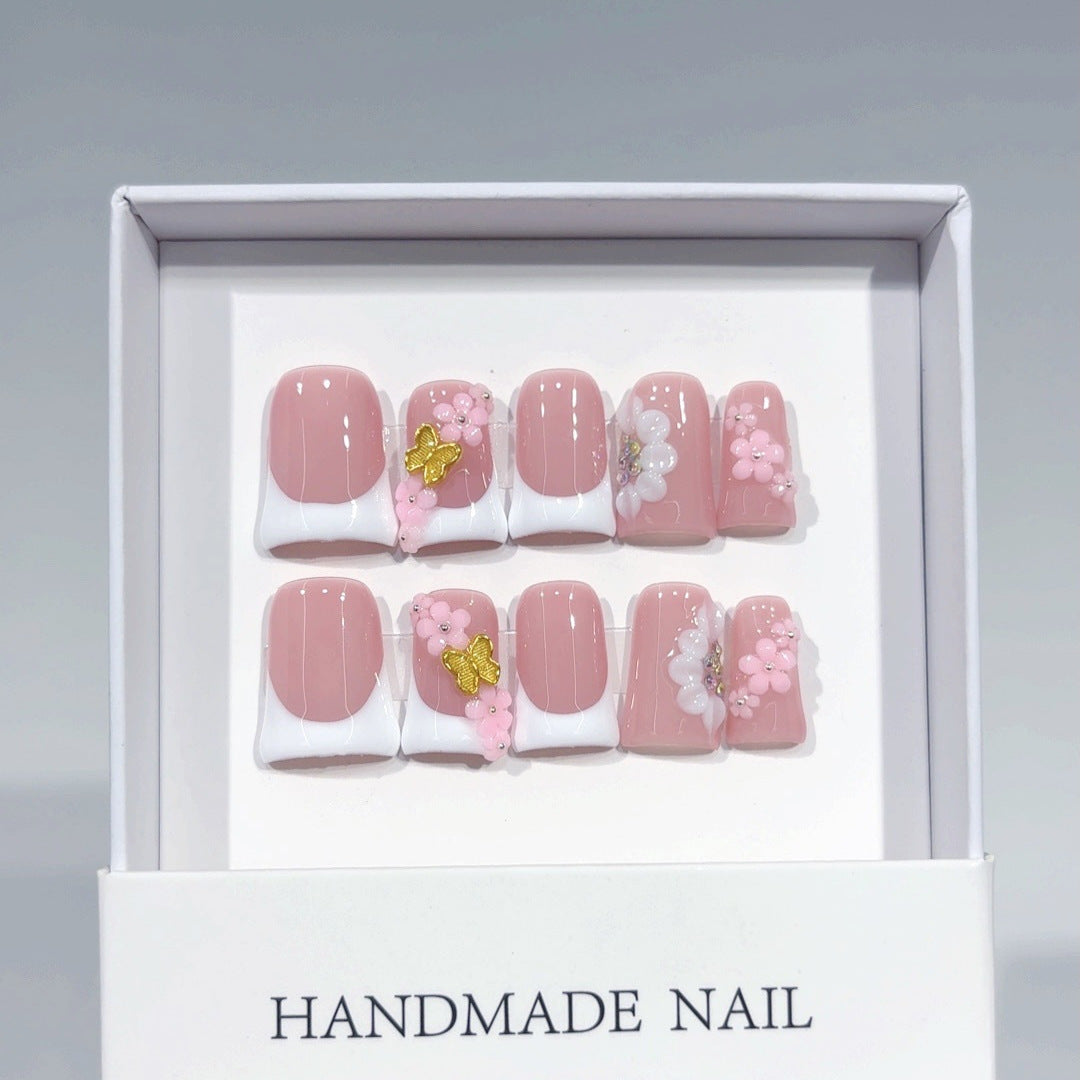 Blush Floral: "Pink Cherry French" – Short Square Handmade Press-Ons