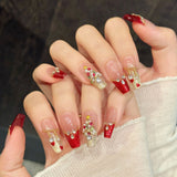 Festive Red Gold Rhinestone Gradient Christmas Press On Nails