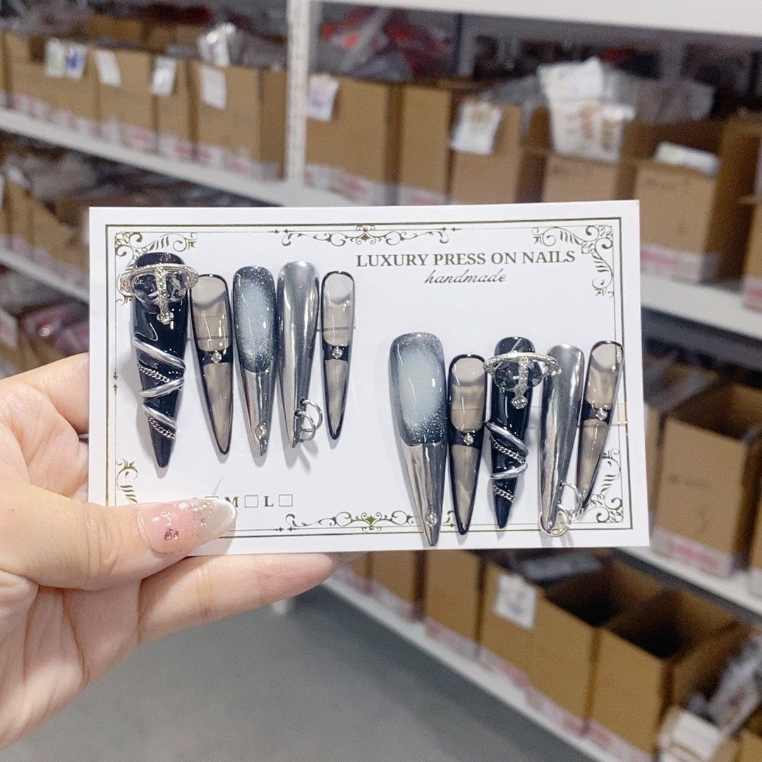 Black Silver Mechanical Chrome Gothic Statement Press On Nails