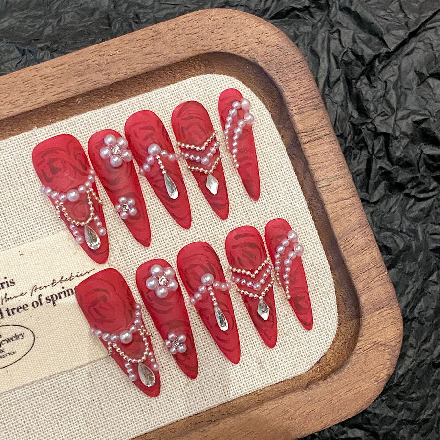 365nails: "Crimson Velvet" – 3D Pearl & Rhinestone Handmade Stiletto Nails