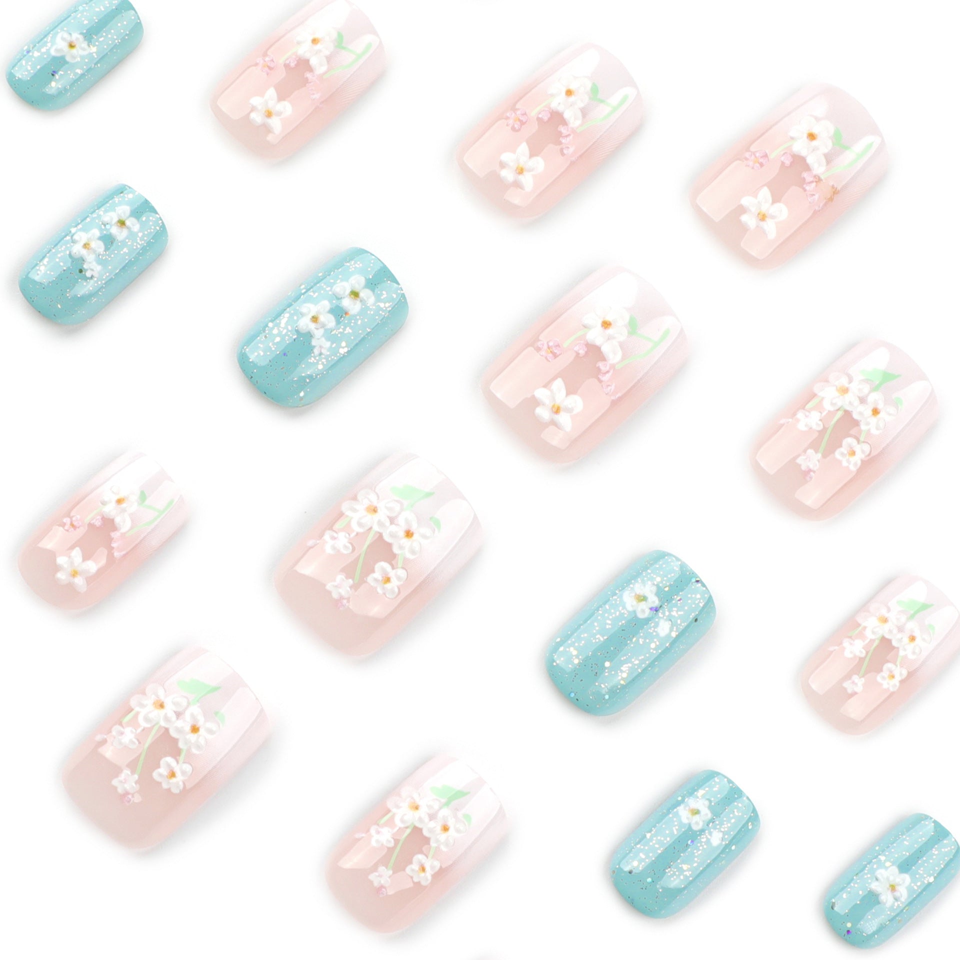 3D立體花卉美甲｜中長款與長款｜白色漸層方形穿戴甲 批發｜365nails