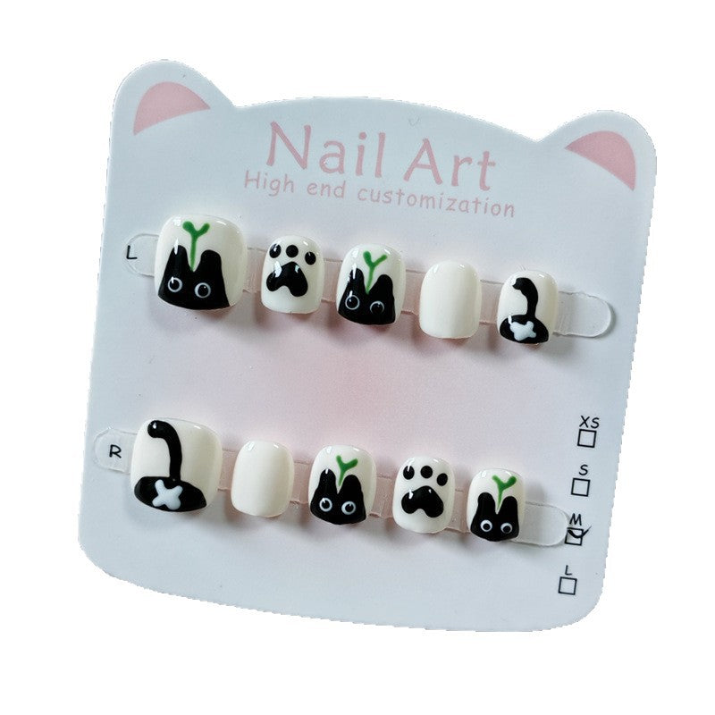 365nails: "sprouting black cat" – short round handmade kids press-on nails
