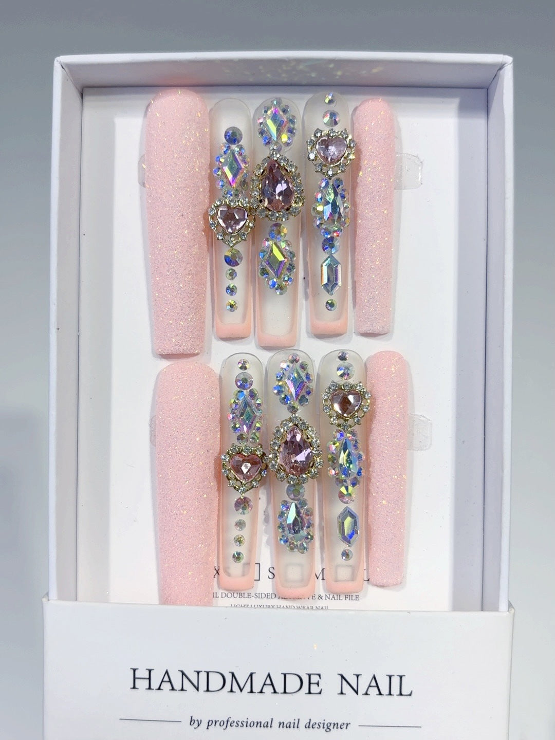 Pink Glitter Butterfly Crystal Press On Nails