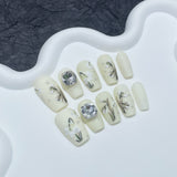 Uñas postizas hechas a mano con diseño de orquídea tridimensional, parche avanzado sencillo para uñas cortas, pegatinas para uñas usables de estilo chino | 365nails