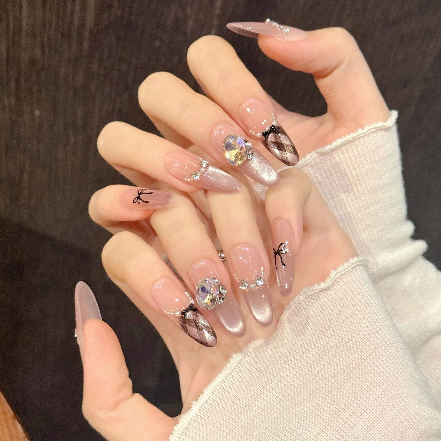 Pink Plaid Ribbon Crystal Princess Nails