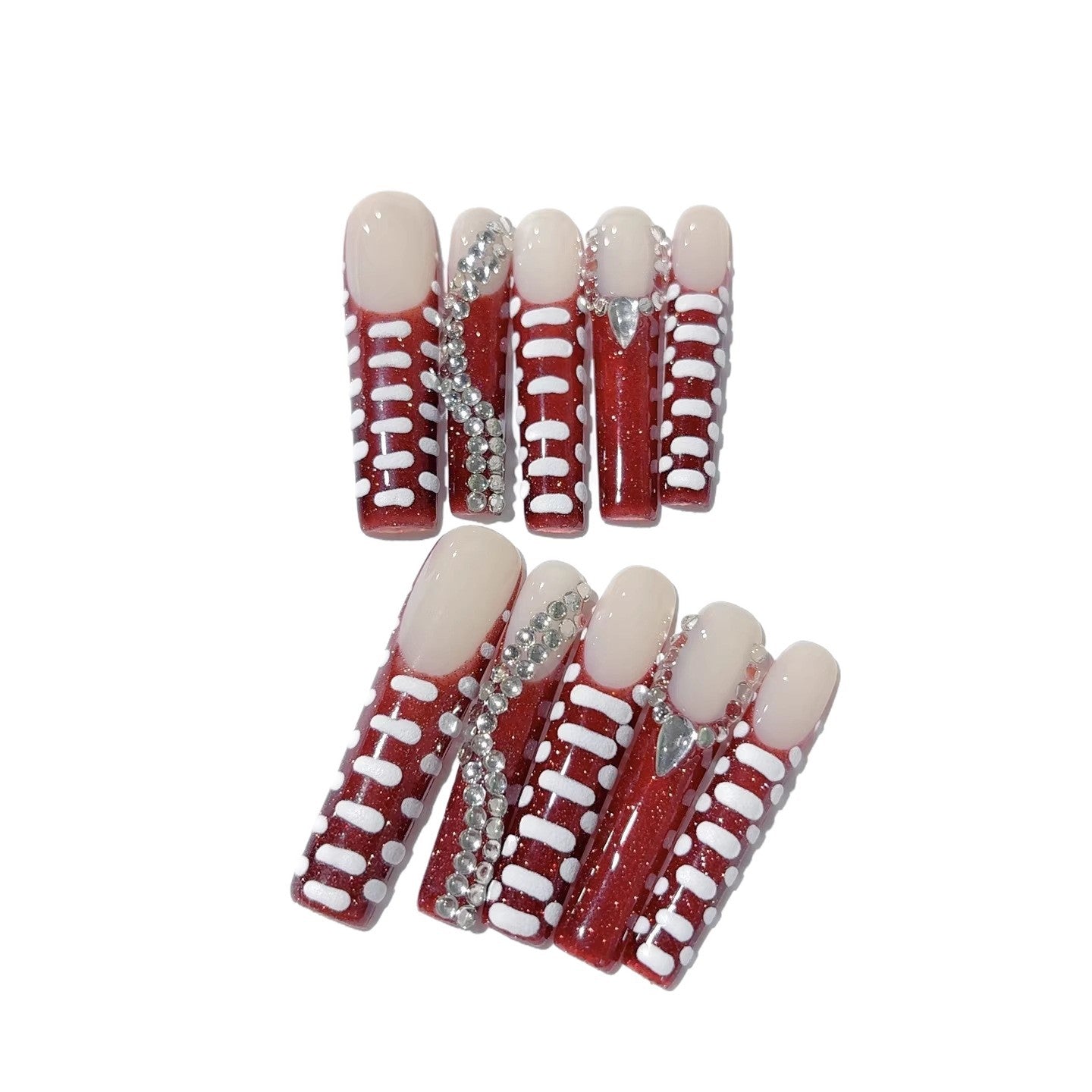 Red Linear Crystal Accent Modern Press On Nails