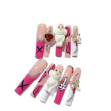 Pink Teddy Bear Heart Charm Statement Press On Nails