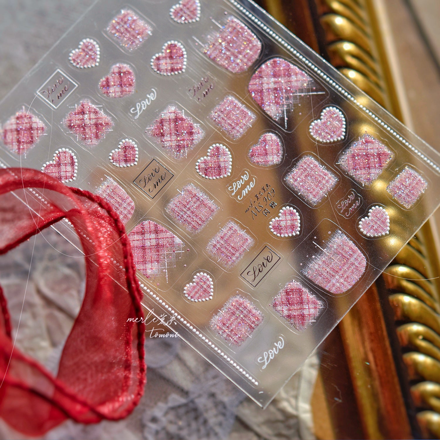 Holographic Tweed Nail Stickers – 3D Embossed Pink & Red Heart Set