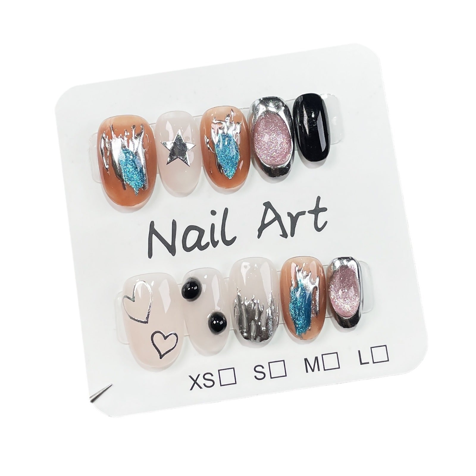 Manicura corta de metal irregular con diseño de ojo de gato, uñas postizas hechas a mano, pintadas a mano ｜365nails