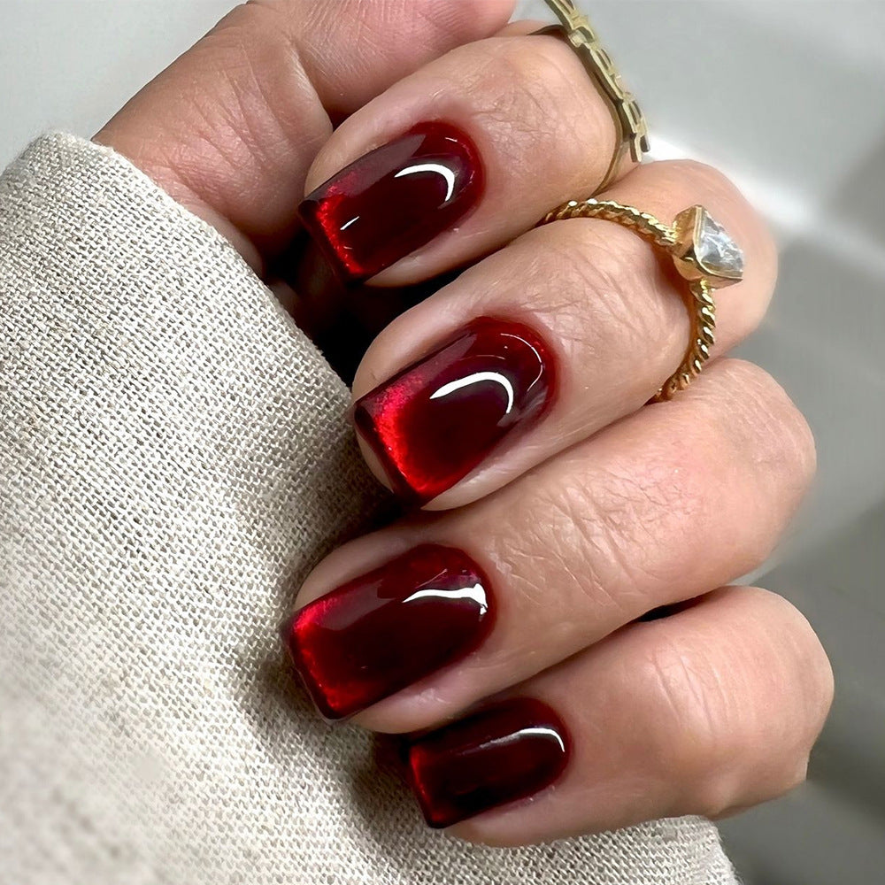 Red solid color blood red cat eye manicure European square short wearable nail piece finished product wholesale｜365nails