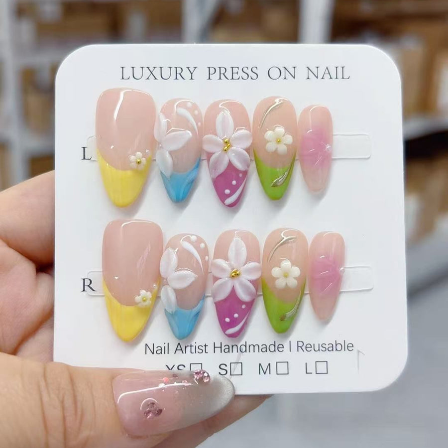 Pastel Petal: "Rainbow Floral Whisper" – Almond Press-On Nails