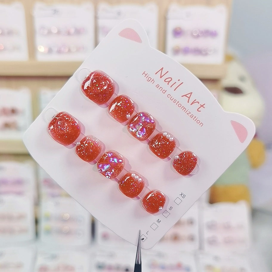 Red Glitter Crystal Cute Kids Press On Nails Set