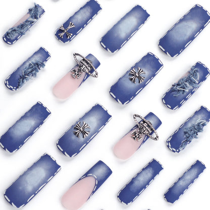 Ripped denim blue press-on nails cross fringed nail art French extra long removable nail piece finished product wholesale｜365nails