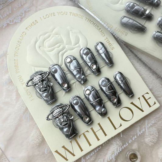 [Purely handmade real shot] The Queen Mother of the West wears a bright silver Spice Girl wind finger that can be worn repeatedly | 365nails