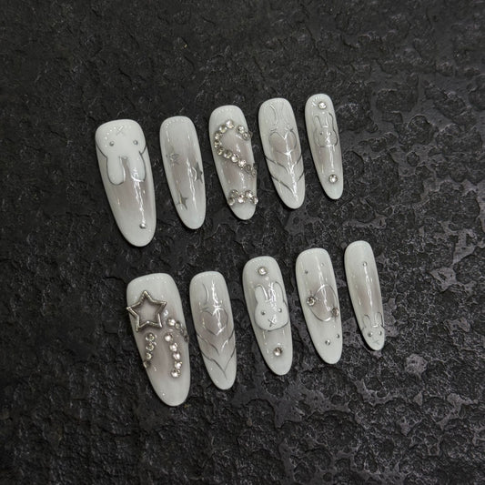 Unhas postiças artesanais com estampa de coelho, pintadas à mão, estilo Spice Girls, com pelo de coelho, diamante, branco escuro e retrô, avançado, feitas à mão | 365nails