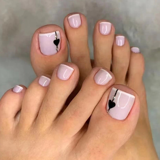 Uñas postizas francesas con diseño de amor negro, dulces y frescas, para usar en uñas postizas, con diseño de diamante simple, uñas postizas especiales | 365nails