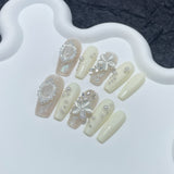 Unhas postiças artesanais, flor de opala perolada, médias e longas, adesivo de unha leve e luxuoso premium ｜ 365nails